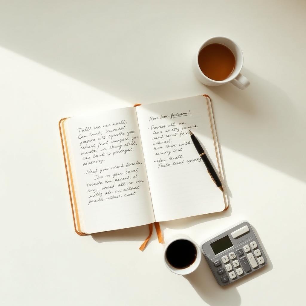 Mesa de planejamento premium com caderno, caneta e café